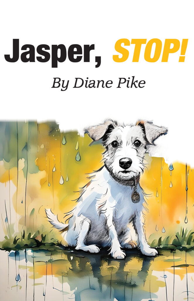 Book cover, Jasper, STOP at top, colour drawing of a lank-eared Jack Russell dog looking out at us