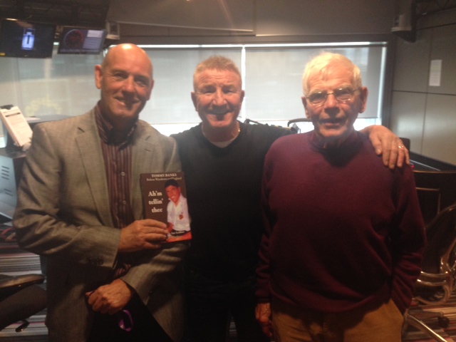 Photo of Ian Seddon left, Tommy Banks right, taking part in a radio interview during the launch of Ahm' Tellin' Thee - a biography of Tommy Banks, Bolton Wanderers