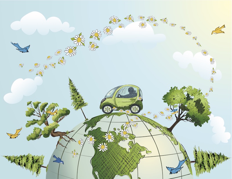 Green painted one person car on illustrated globe with daisies and trees and birds to represent a sustainable energy future.