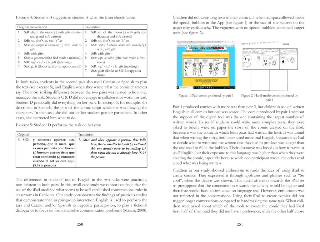 Two page spread of Joint Innovations book by Dolors Masats showing a table on the left page and some teaching materials on the right hand page.