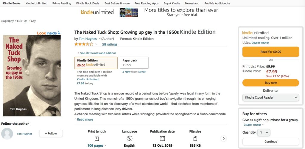 Image of Amazon Kindle page for The Naked Tuck Shop by Tim Hughes