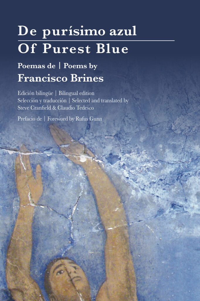 The cover Of Purest Blue by Francisco Brines showing top half of male figure at bottom of cover, could be a diver, breaking through blue ice above