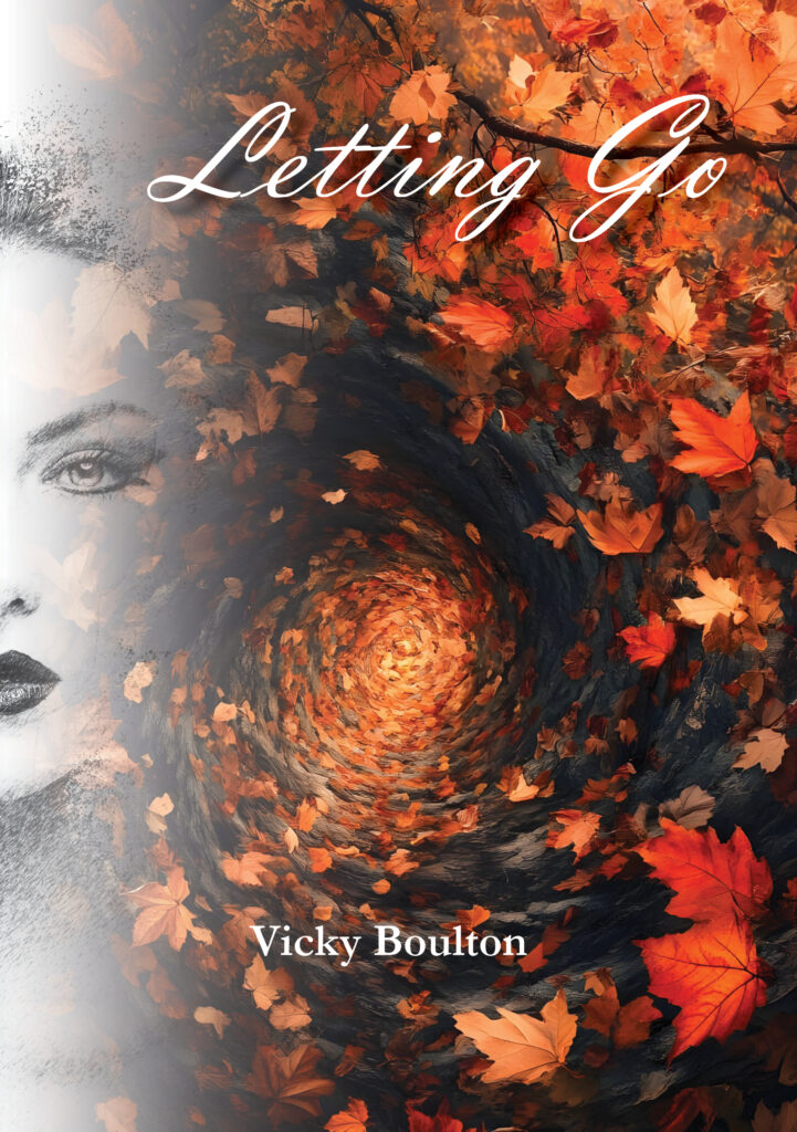 A woman's face emerges from autumn leaves